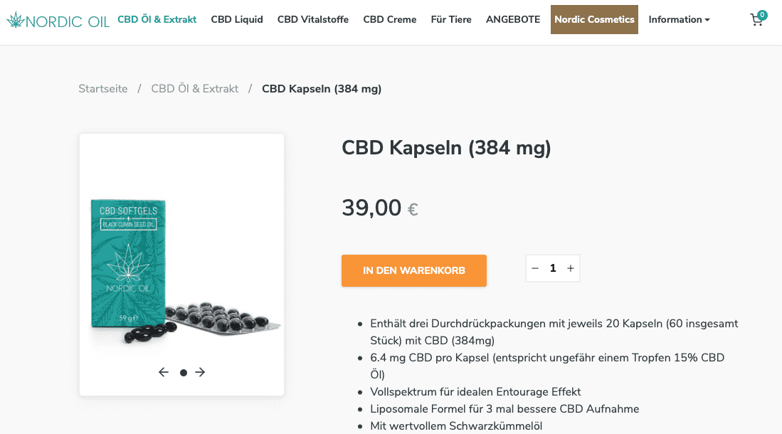 Screenshot von Nordic Oil CBD Kapseln (4% / 384 mg)