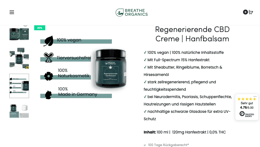 Screenshot von Breathe Organics Regenerierende CBD Creme | Hanfbalsam