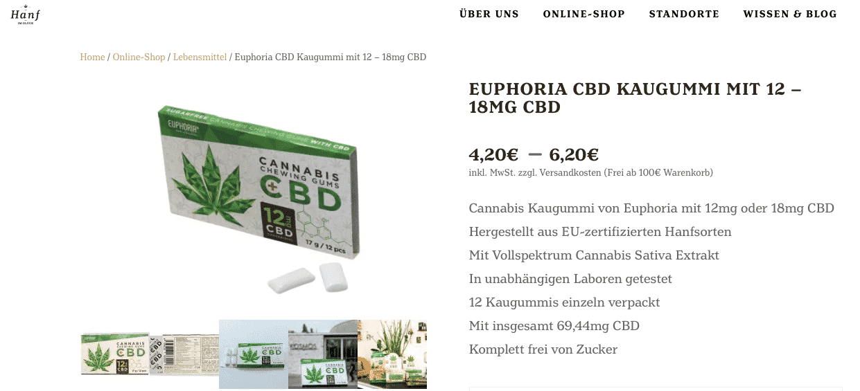 Screenshot von Euphoria Cannabis Kaugummi mit 12 – 18MG CBD