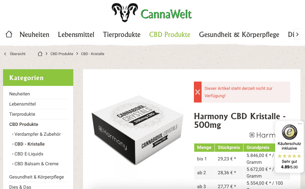 Screenshot von Harmony CBD Kristalle - 500mg