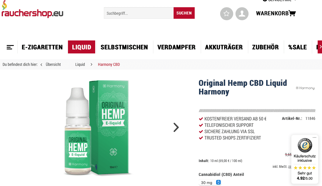 Screenshot von Original Hemp CBD Liquid Harmony