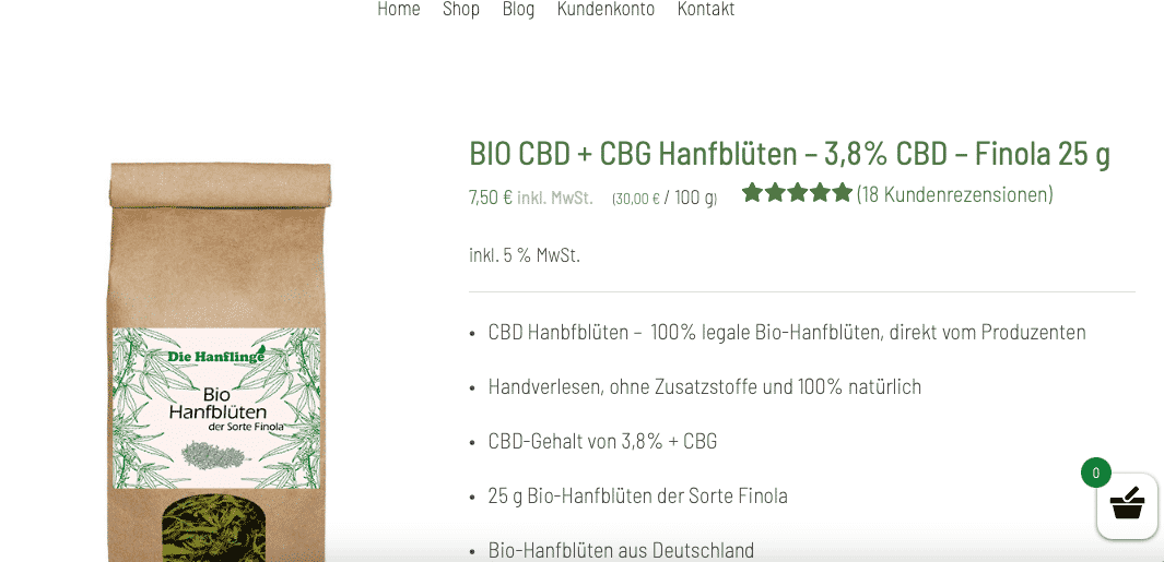 Screenshot von BIO CBD + CBG Hanfblüten – 3,8% CBD – Finola 25 g