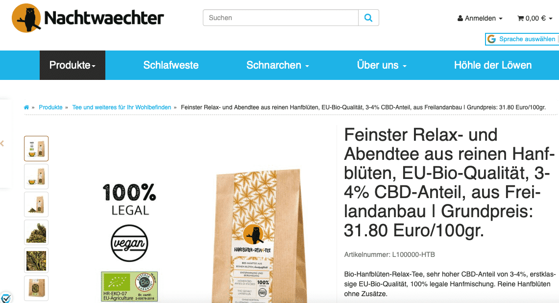 Screenshot von Hanfblütentee mit CBD