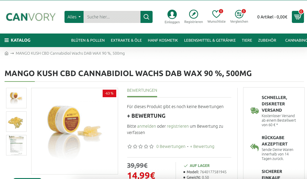 Screenshot von Canvory Mango Kusg CBD Wax 90 %, 500mg