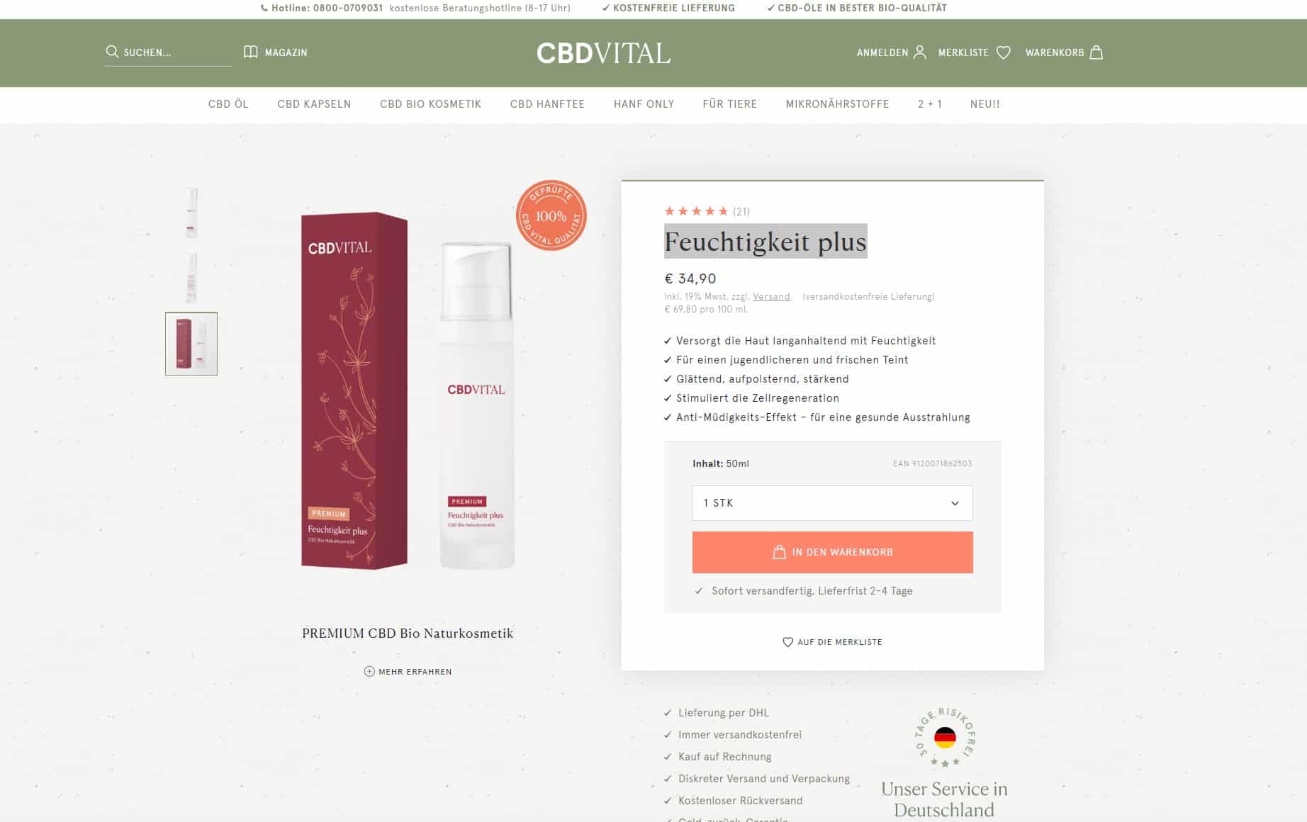 Screenshot von CBD Vital Feuchtigkeit plus