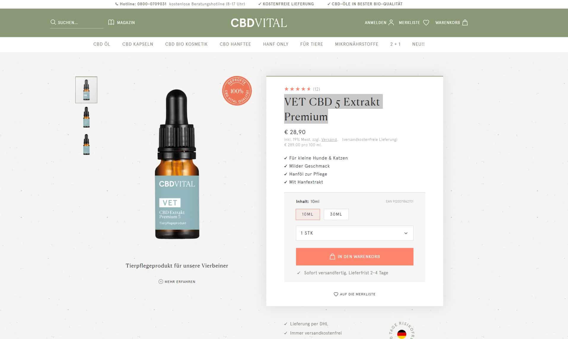 Screenshot von VET CBD Extrakt Premium